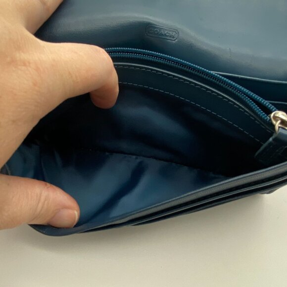 Coach Kristin leather wallet silver buckle bill fold pocket book teal green blue - Picture 14 of 16